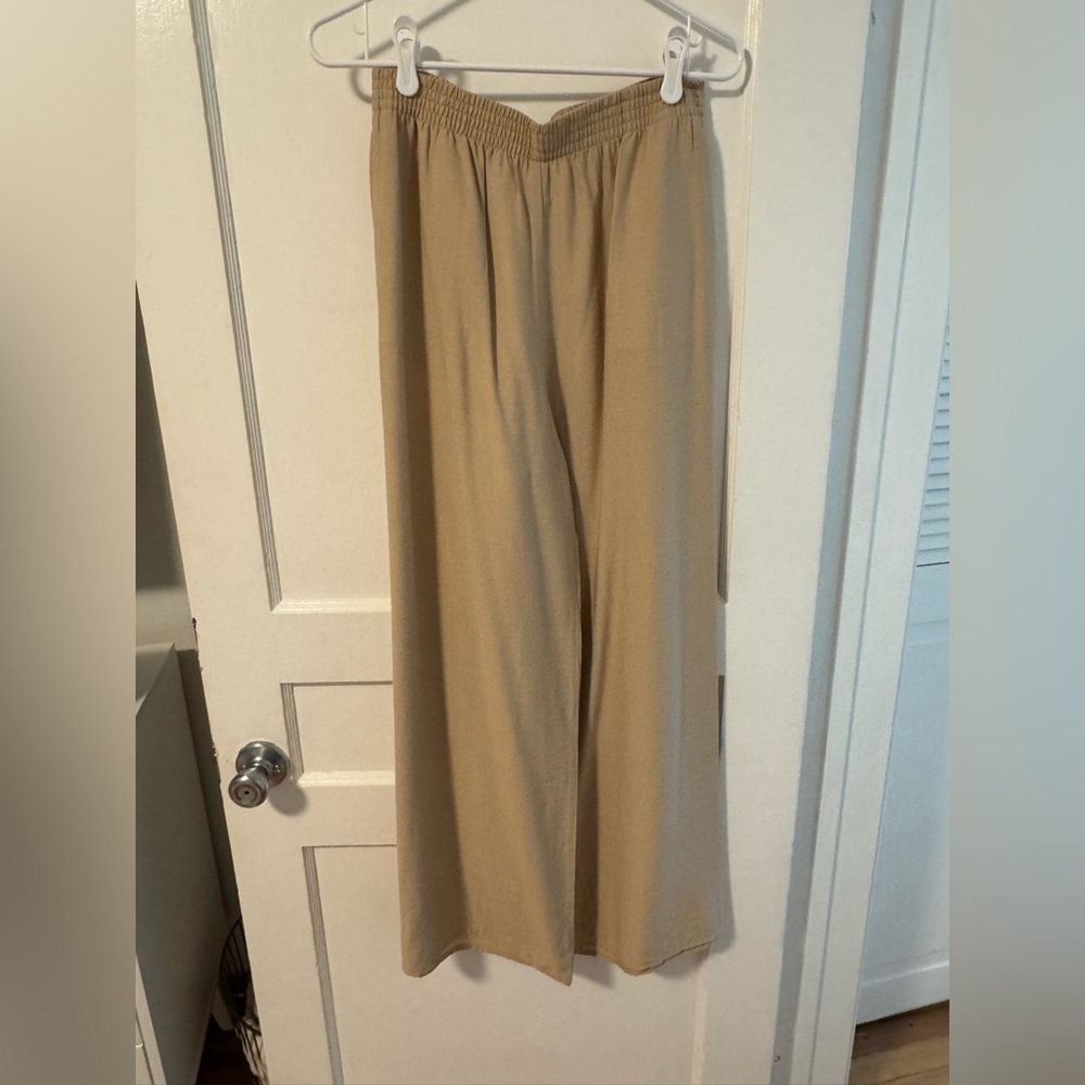 H & M Beige Natural Tan Brown Linen Wide Leg Pants